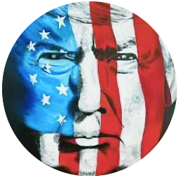 A face with an American flag painted on it, blending blue with white stars on one side and red and white stripes on the other.