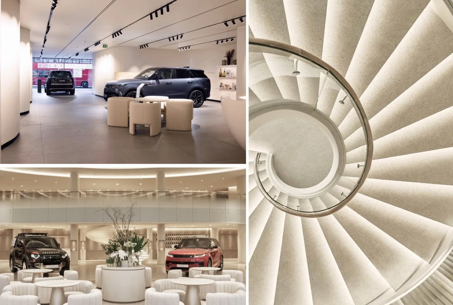 A collage of four images: top-left shows a showroom with cars and seating area, top-right features a view down a spiral staircase with beige carpeting, bottom-left displays a lobby with two cars and white seating, and bottom-right is an aerial view of the spiral staircase showing the carpeted steps.