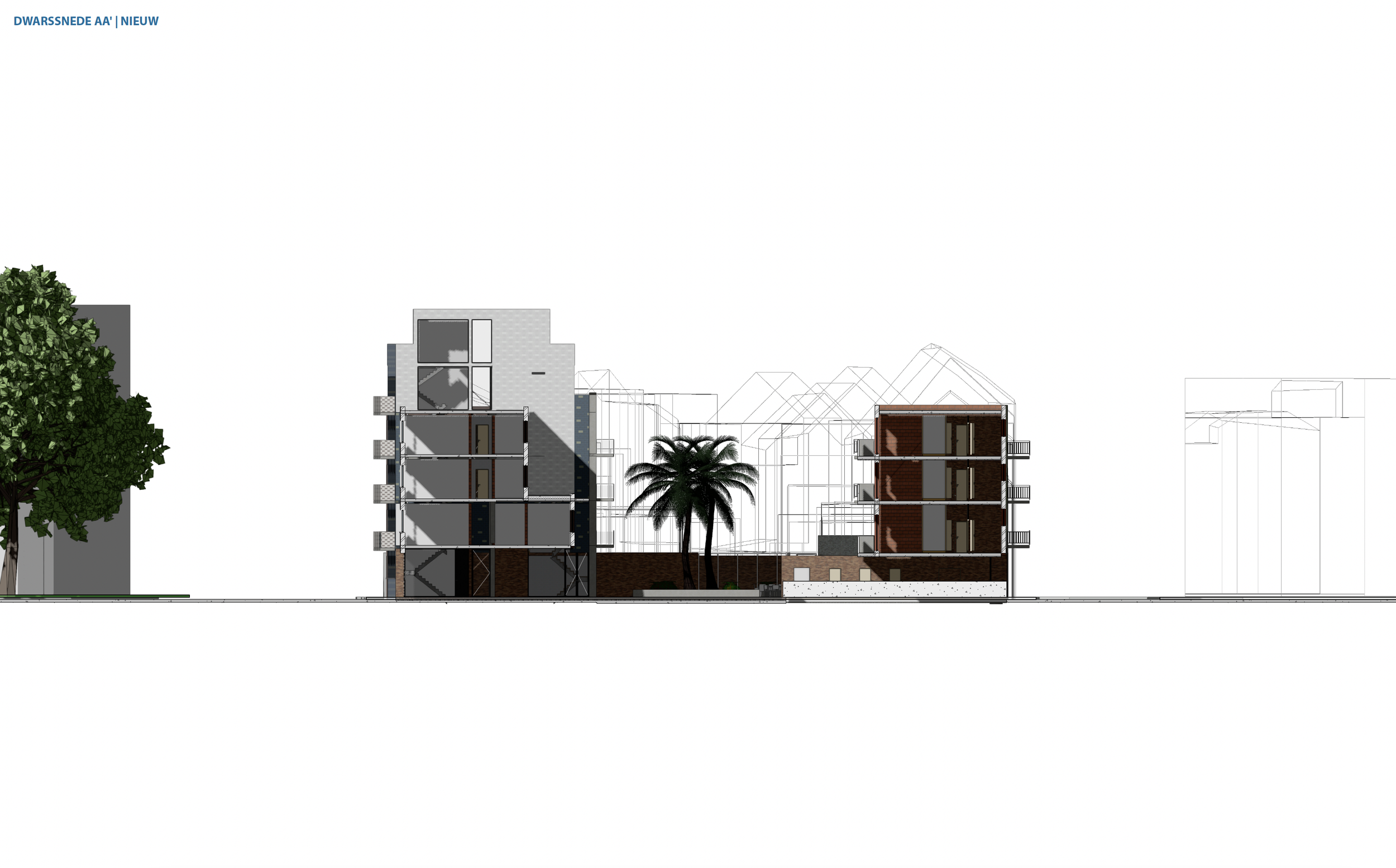 Architectural elevation drawing of a modern multi-story residential building by Tom Naeyaert Architecture.