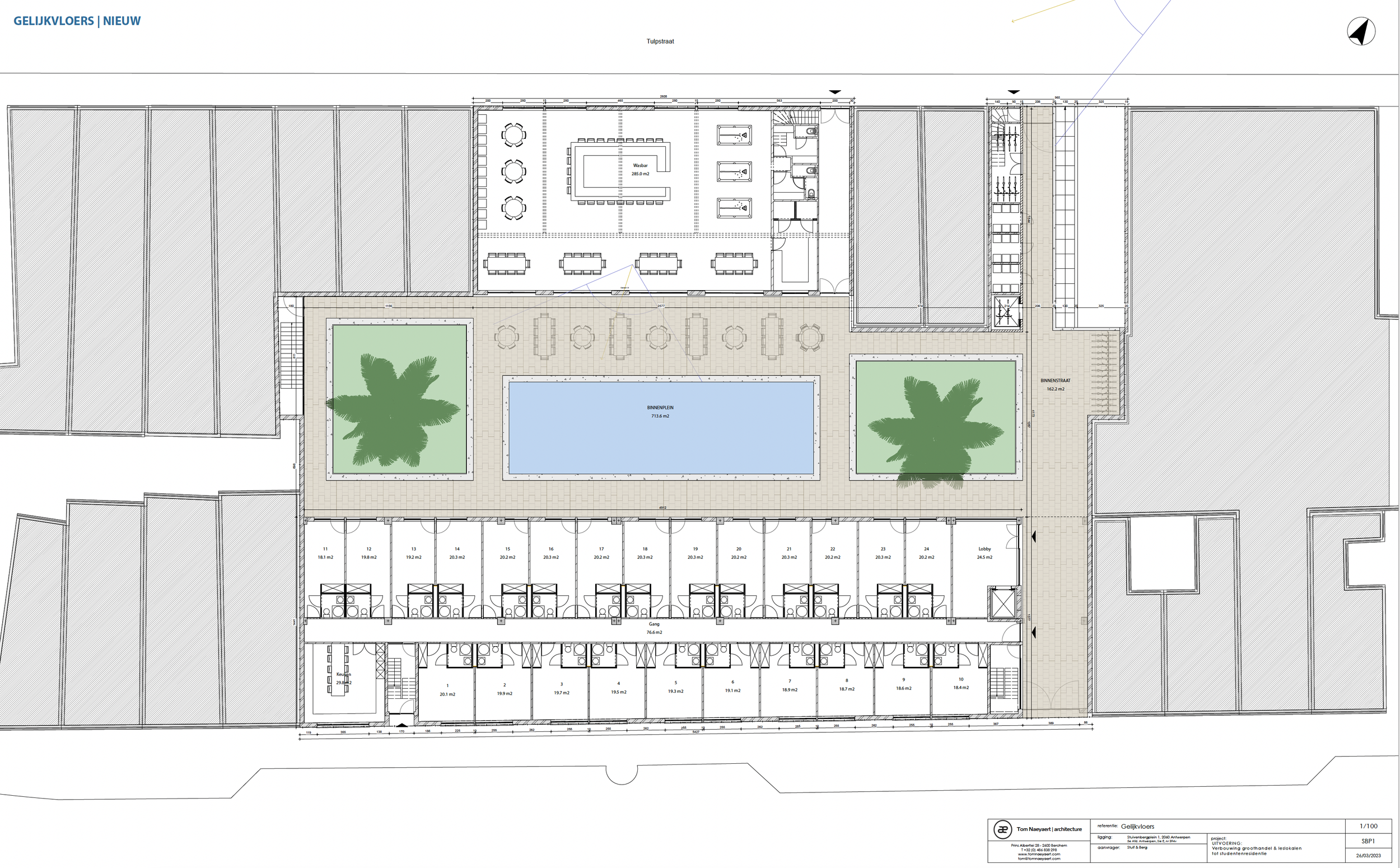 Architectural site plan and floor layout showing outdoor pool and green spaces by Tom Naeyaert Architecture.