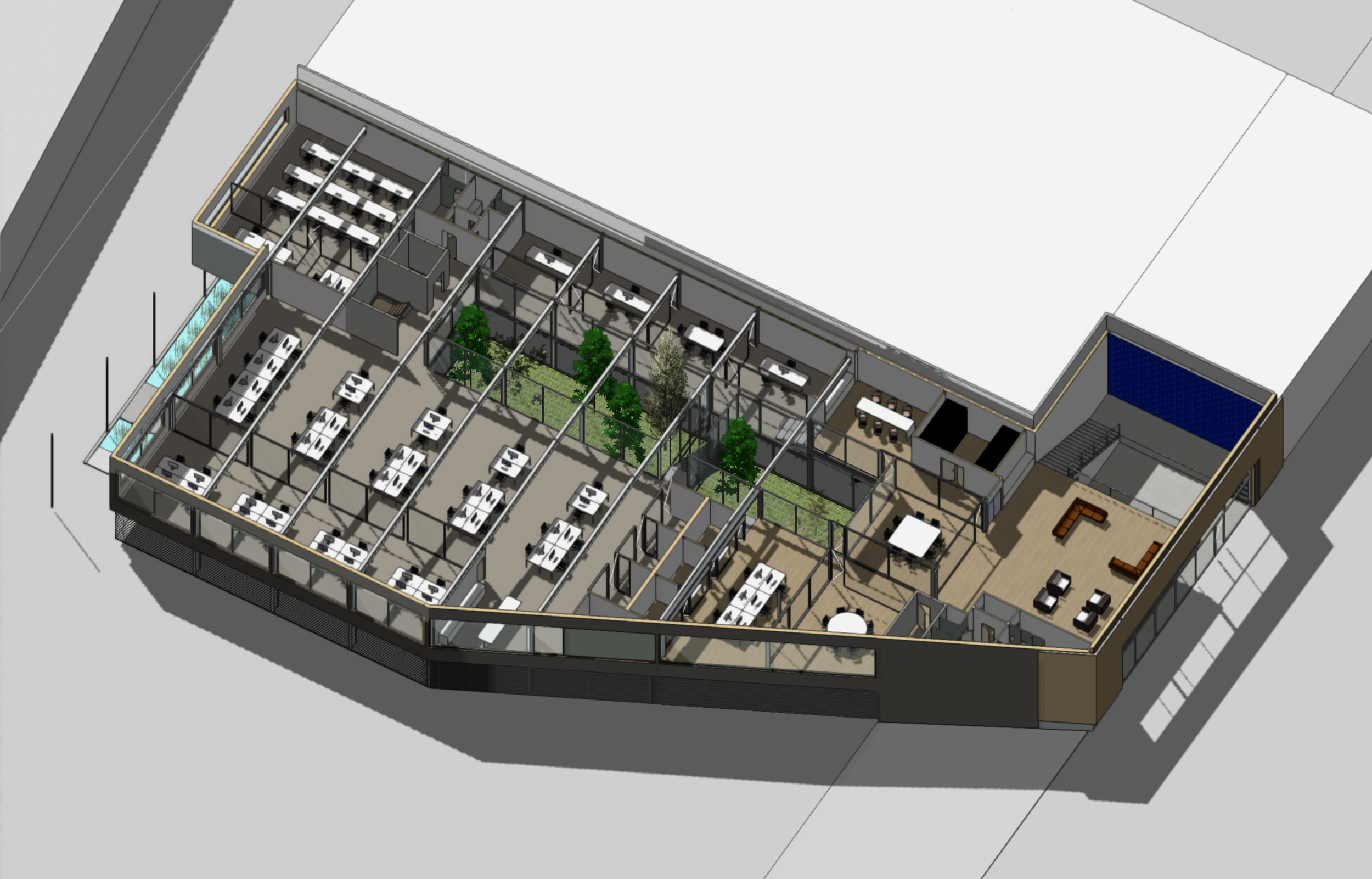 3D architectural floor plan of an office building with several rooms, open workspaces with desks, a central courtyard with trees, meeting areas, and staircase entrance.