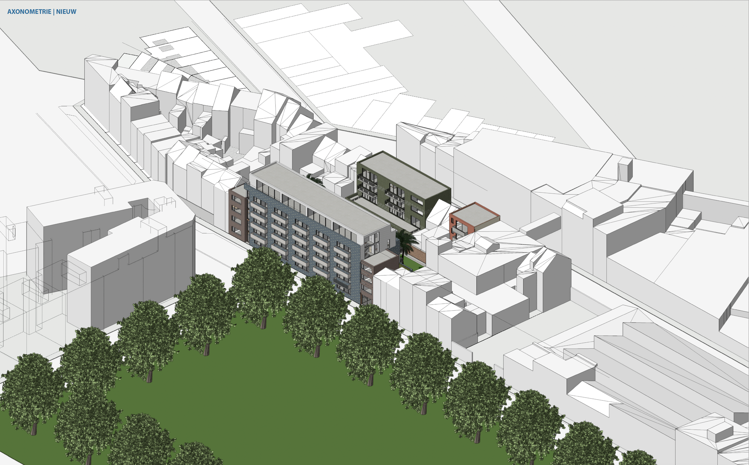 Bird's-eye view architectural rendering of a residential building complex with sustainable green rooftop design by Tom Naeyaert Architecture.