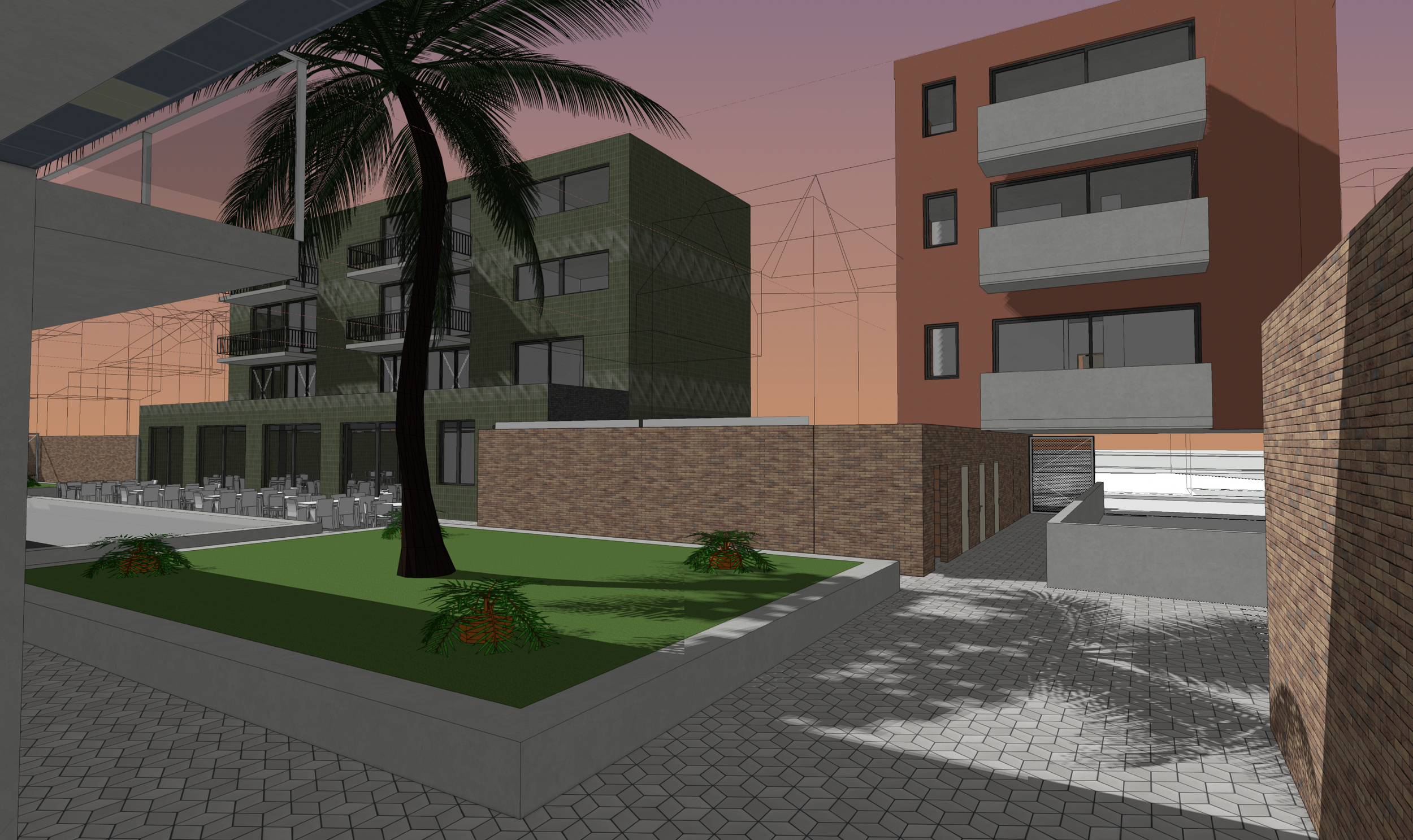 Digital rendering of a modern apartment complex with landscaped courtyard and sunset patio by Tom Naeyaert Architecture.