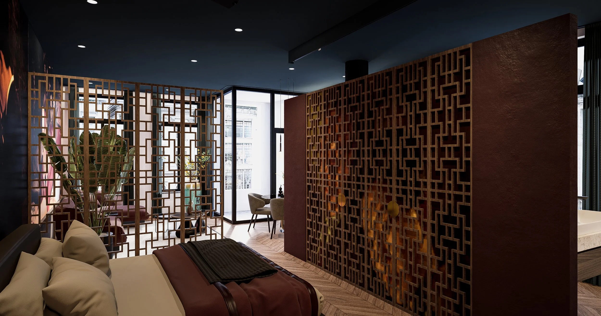 Interior of a modern hotel room with decorative wooden partitions, a bed with white pillows, and a seating area near large windows with an urban city view.