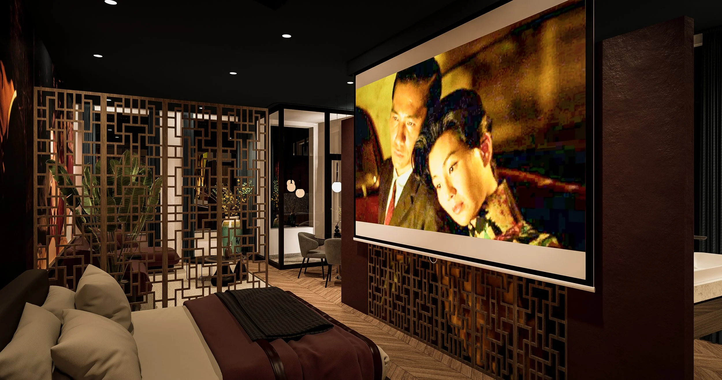 High-end hospitality lounge interior featuring a seamlessly integrated digital media screen, premium dark wood furniture, decorative architectural dividers, and ambient mood lighting by Tom Naeyaert Architecture.