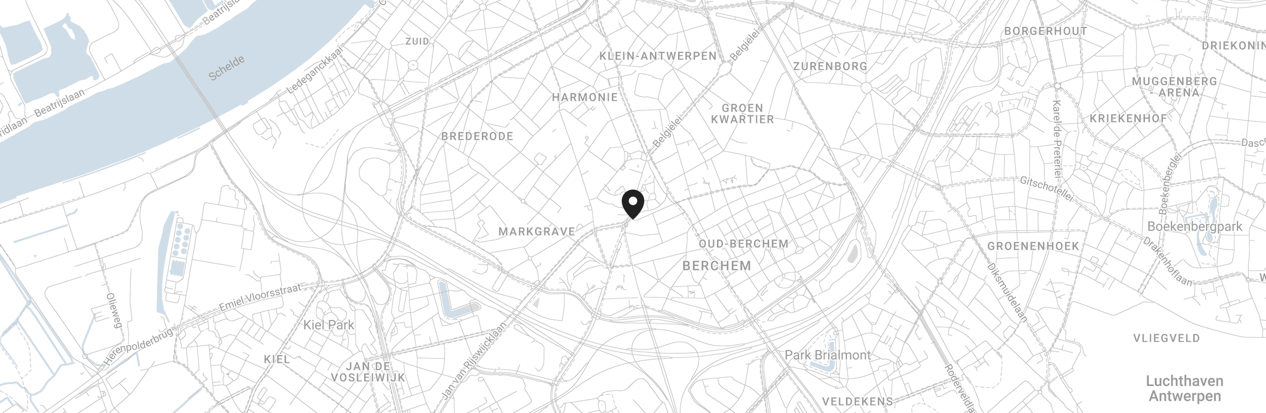 Map of Antwerp, Belgium showing neighborhood names and a location marker.