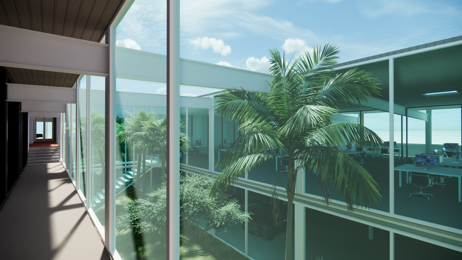 Modern office building interior with glass walls, large palms, and a view of a parking area outside under a partly cloudy sky.