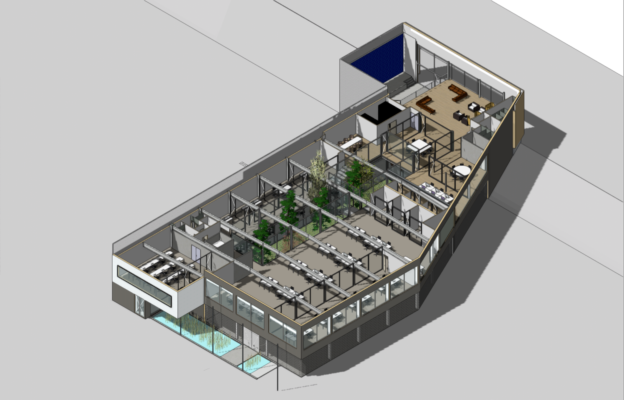 A 3D architectural rendering of a modern building with multiple floors, including a rooftop garden, interior office spaces, and a basement area with a swimming pool.