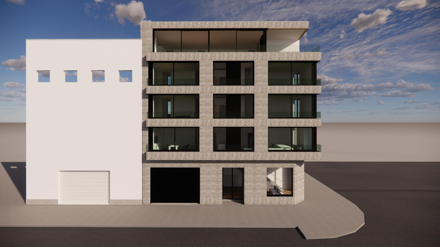 Exterior 3D architectural visualization of a contemporary multi-story apartment building on a corner lot, showcasing an integrated brick facade, large glass windows, and minimalist balconies by Tom Naeyaert Architecture.