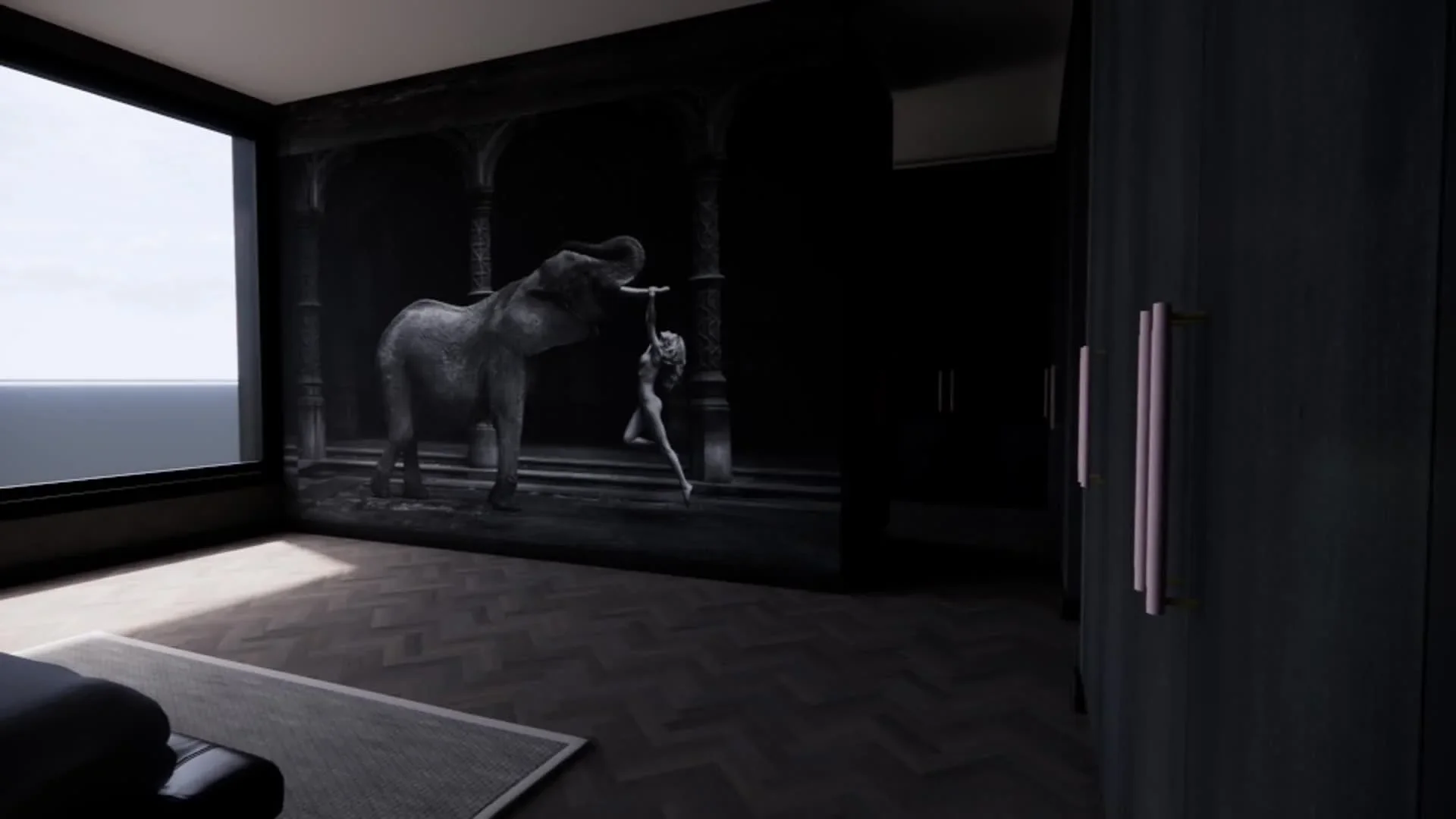 Atmospheric minimalist interior design featuring an integrated large-scale artwork on a dark accent wall, structured lighting, and a sophisticated, deep-toned color palette by Tom Naeyaert Architecture.