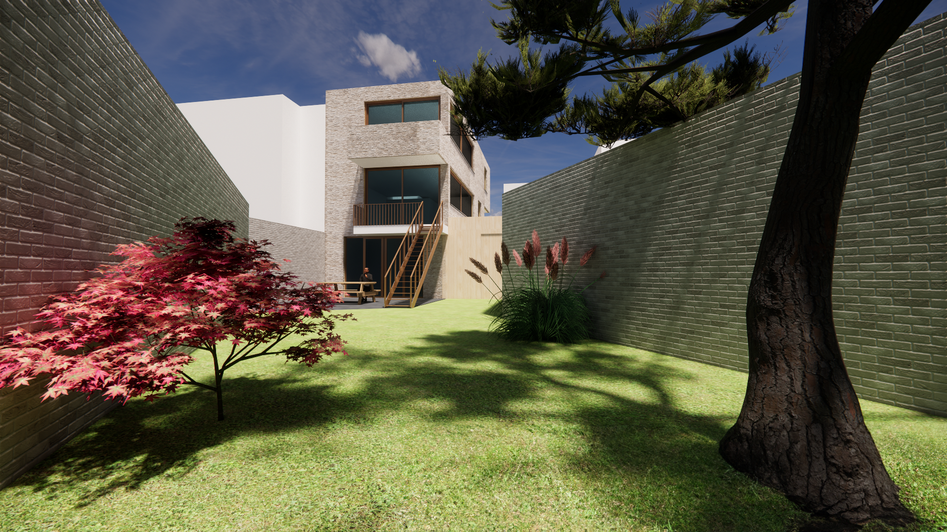 Modern residential villa with a landscaped backyard garden and outdoor seating area by Tom Naeyaert Architecture.