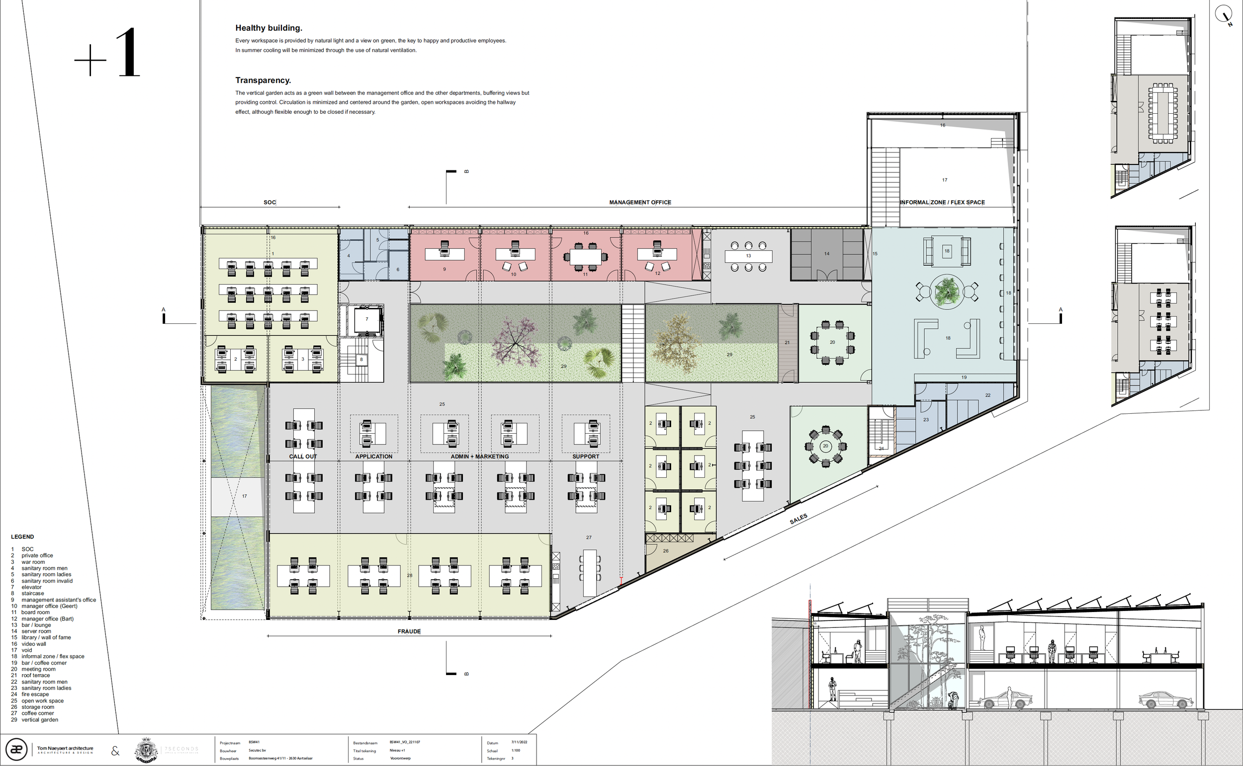 Architectural blueprint of a building floor plan showing multiple rooms, labeled areas, a garden, and various designated spaces such as meeting rooms, offices, and utility areas. The plan includes a legend for symbols and labels.