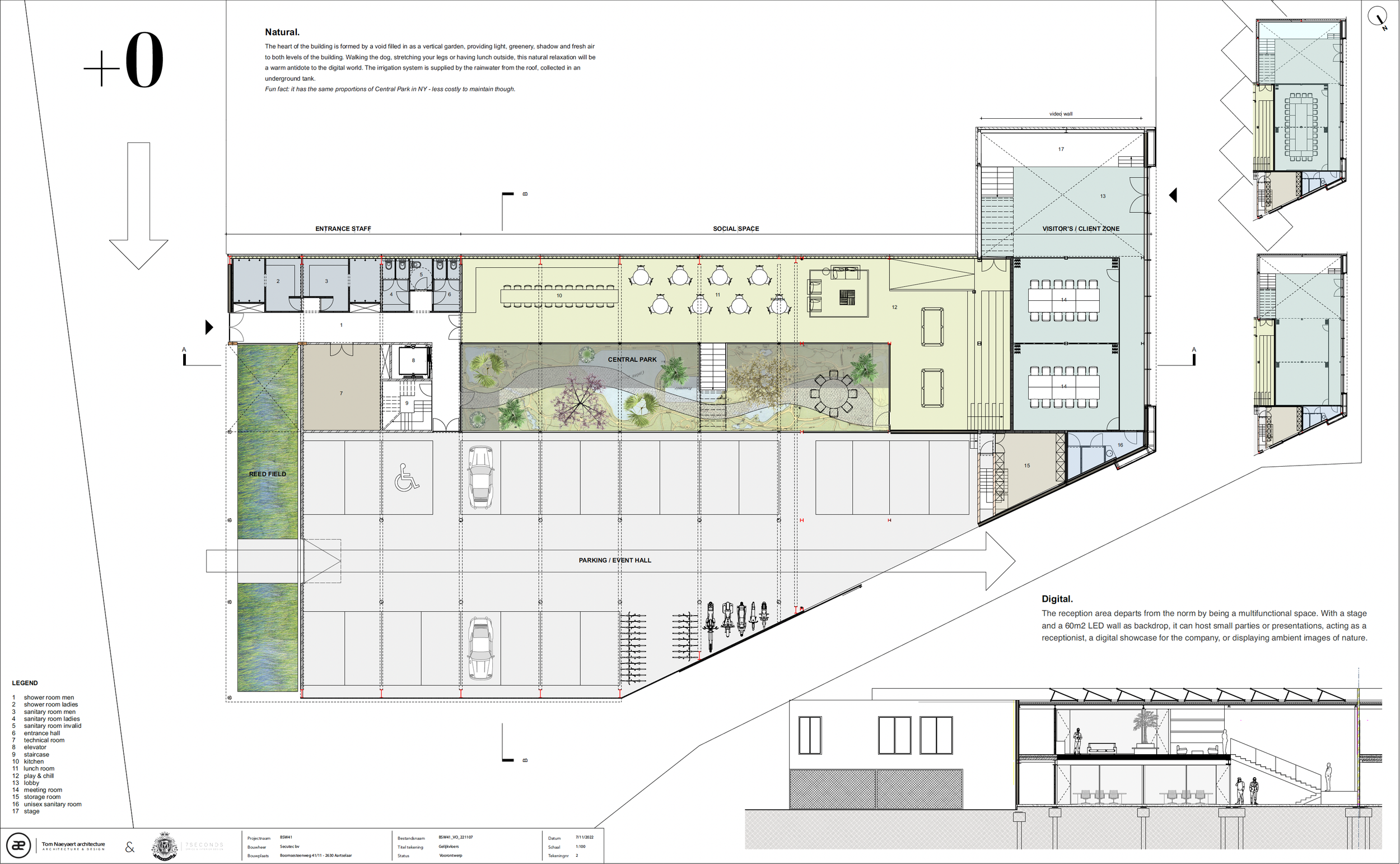 Architectural floor plan of a building with designated areas for social space, reception, conference room, kitchen, and parking, along with furniture and fixtures layout.