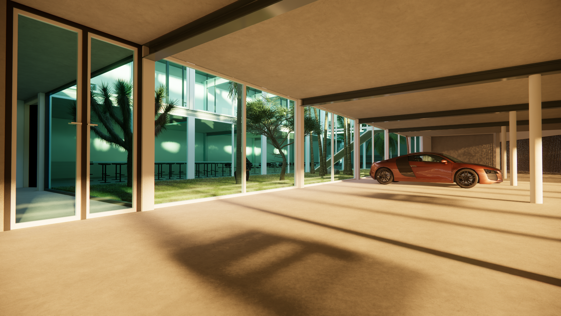 Modern parking garage with an orange sports car parked inside, large glass windows overlooking trees and outdoor seating area.