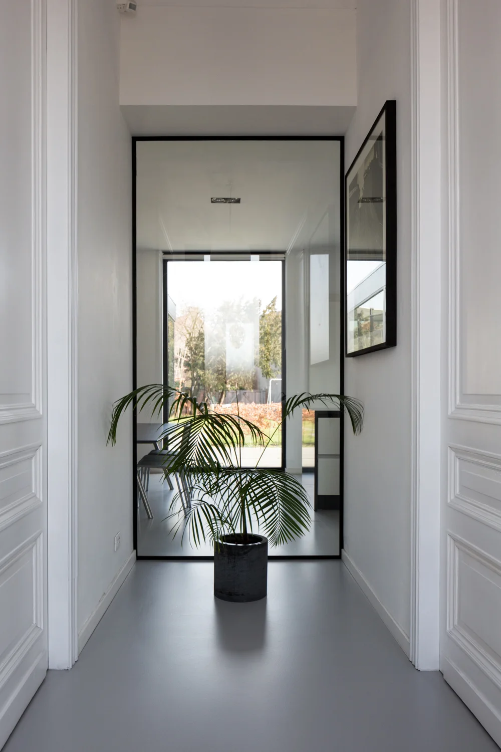 Modern hallway with a large mirror, potted plant, and a glass door leading outside.