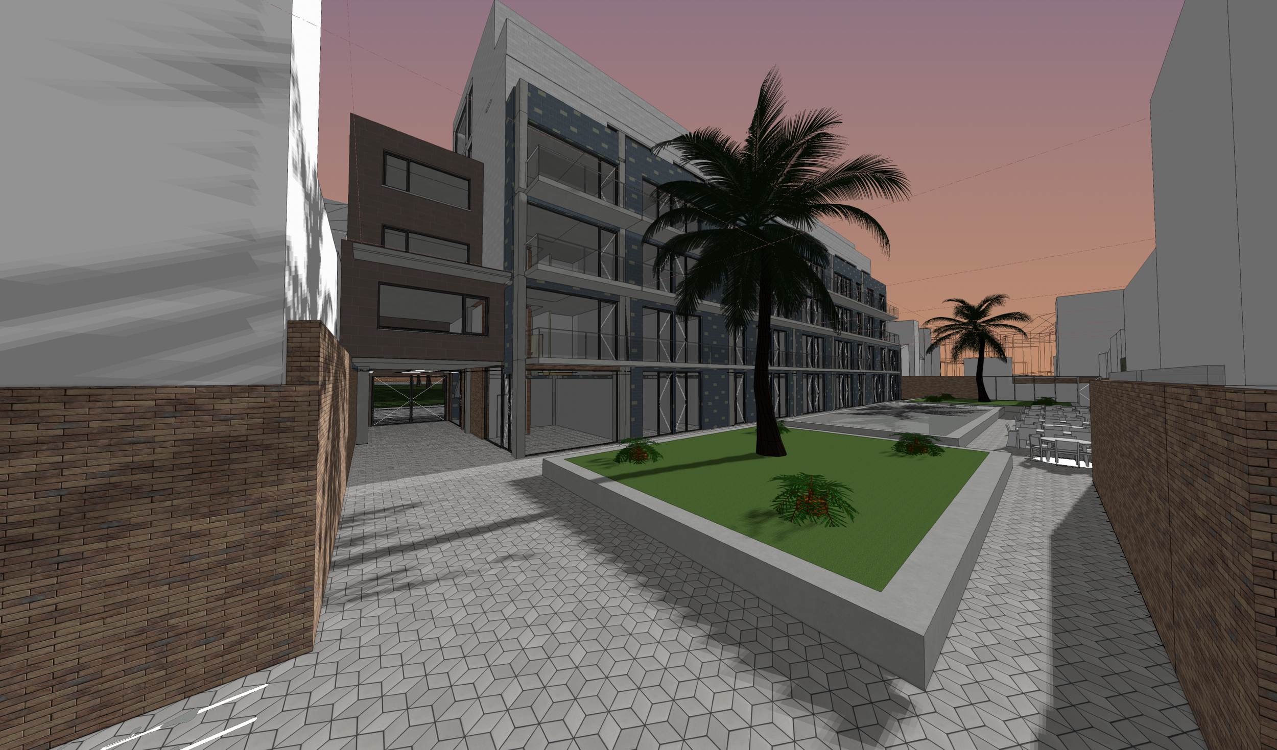 Architectural rendering of a modern multi-story residential building with brick accents and balconies by Tom Naeyaert Architecture.