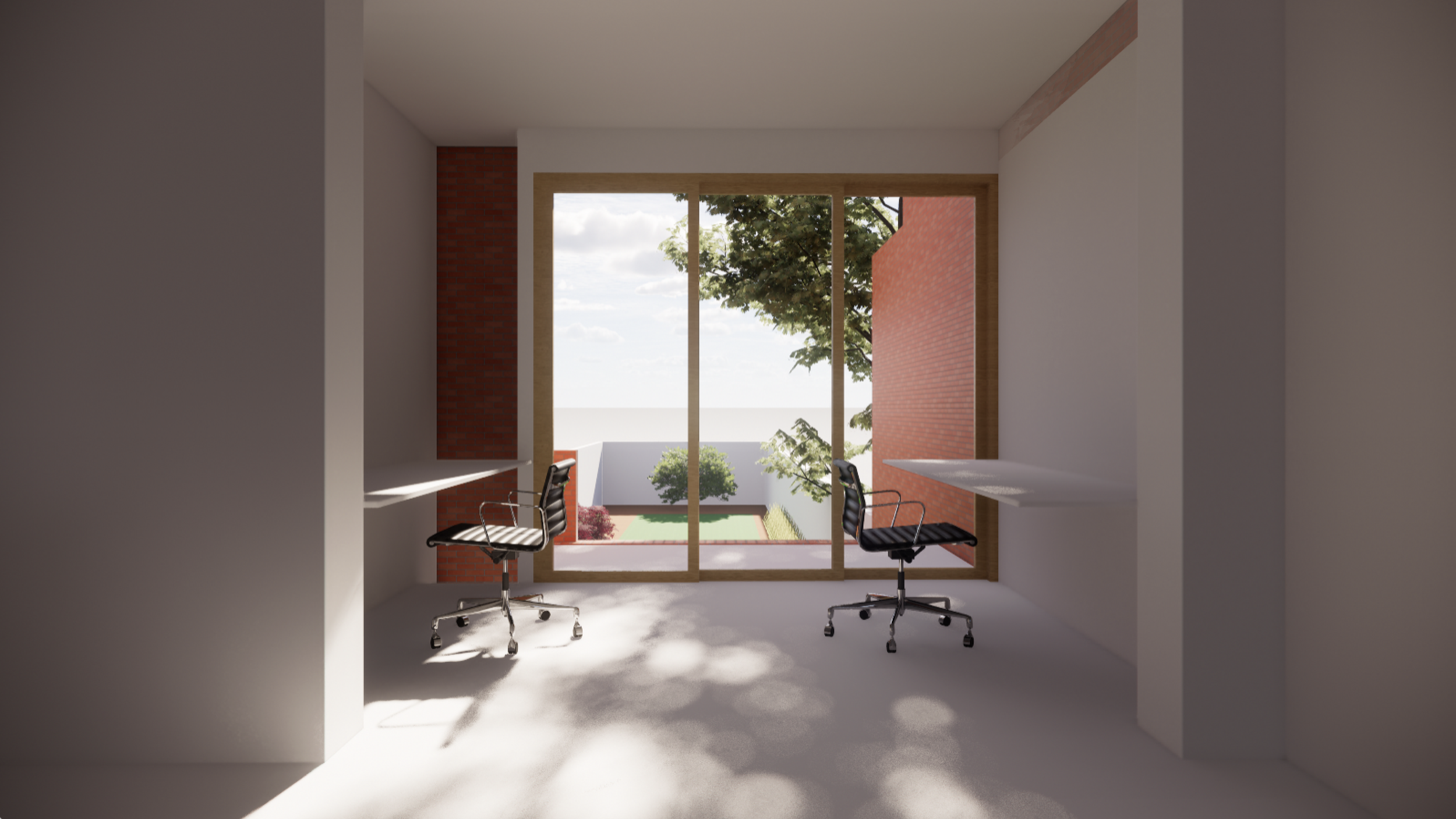 Interior of a room with two black office chairs facing a large window showing a view of trees, plants, and a lawn outside.
