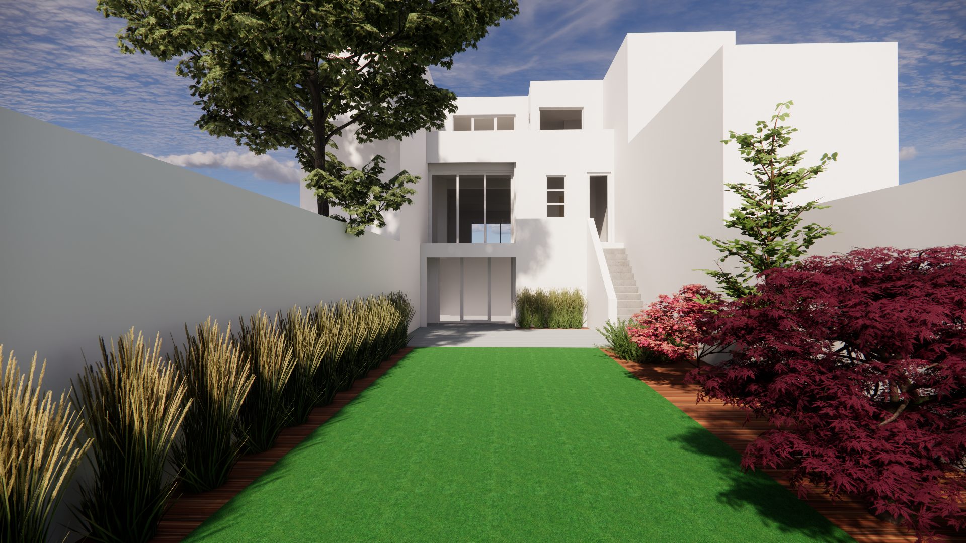 A modern white house with a garden featuring green grass, bushes, and trees, under a partly cloudy sky.