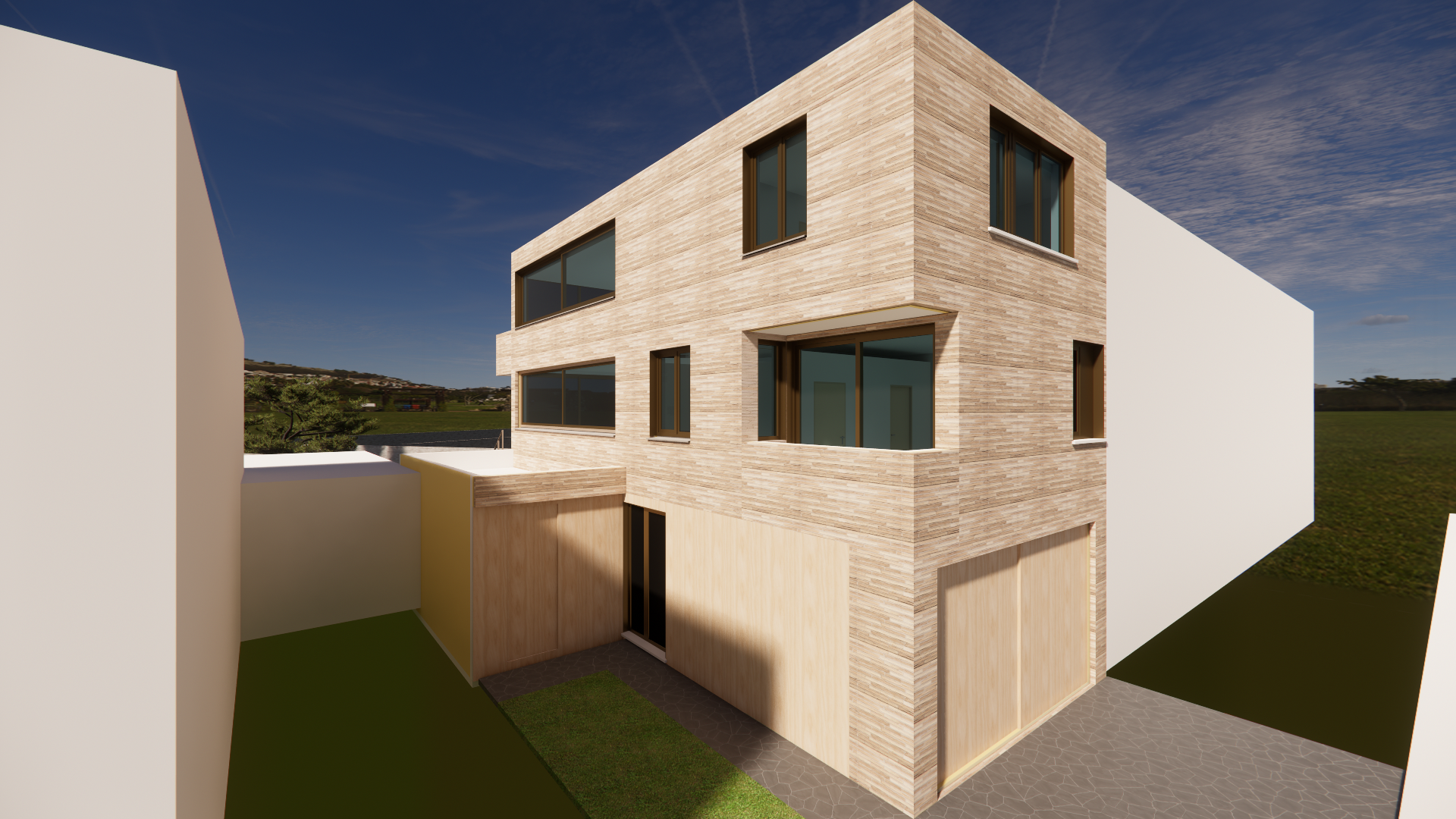 Exterior rendering of a modern multi-story residential building with beige brick facade by Tom Naeyaert Architecture.