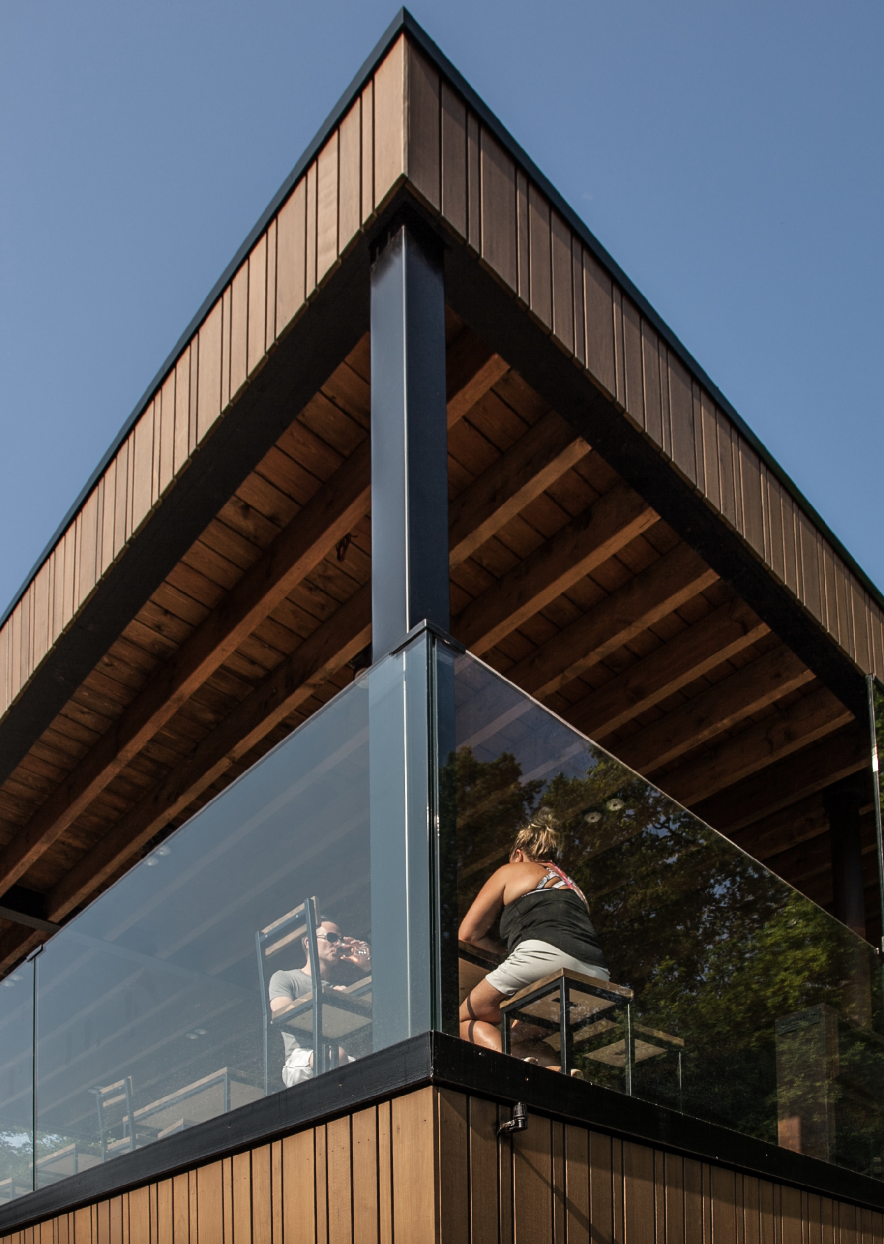 Modern architectural design of a pavilion building featuring wooden siding and a wrap-around glass balcony, by Tom Naeyaert Architecture.