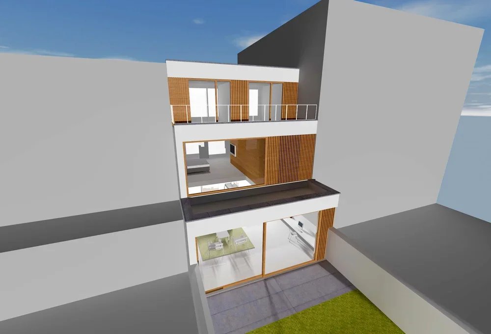 3D architectural rendering of a modern, multi-story residential building viewed from the backyard, showing large windows, wooden accents, a balcony, and an open living area.