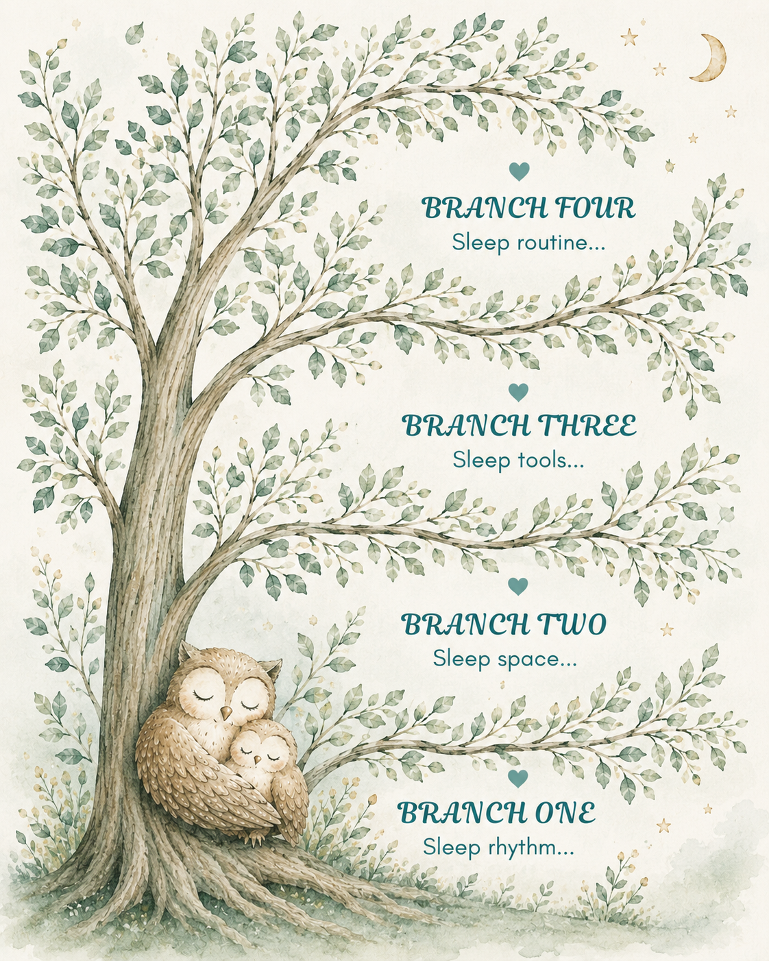 Illustration of a tree with four branches labeled for sleep routines: Branch Four - Sleep routine, Branch Three - Sleep tools, Branch Two - Sleep space, Branch One - Sleep rhythm. Two sleeping owls are resting at the base of the tree, surrounded by moon and star decals.