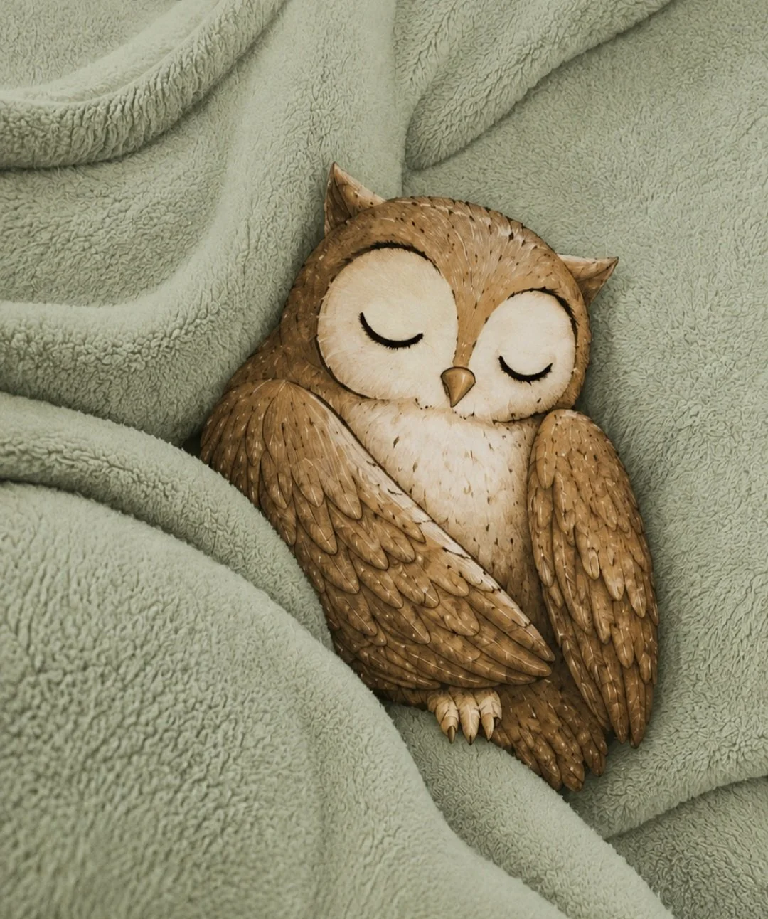 A decorative sculpture of a sleeping owl made from natural wood, with closed eyes, nestled among soft green fleece blankets.