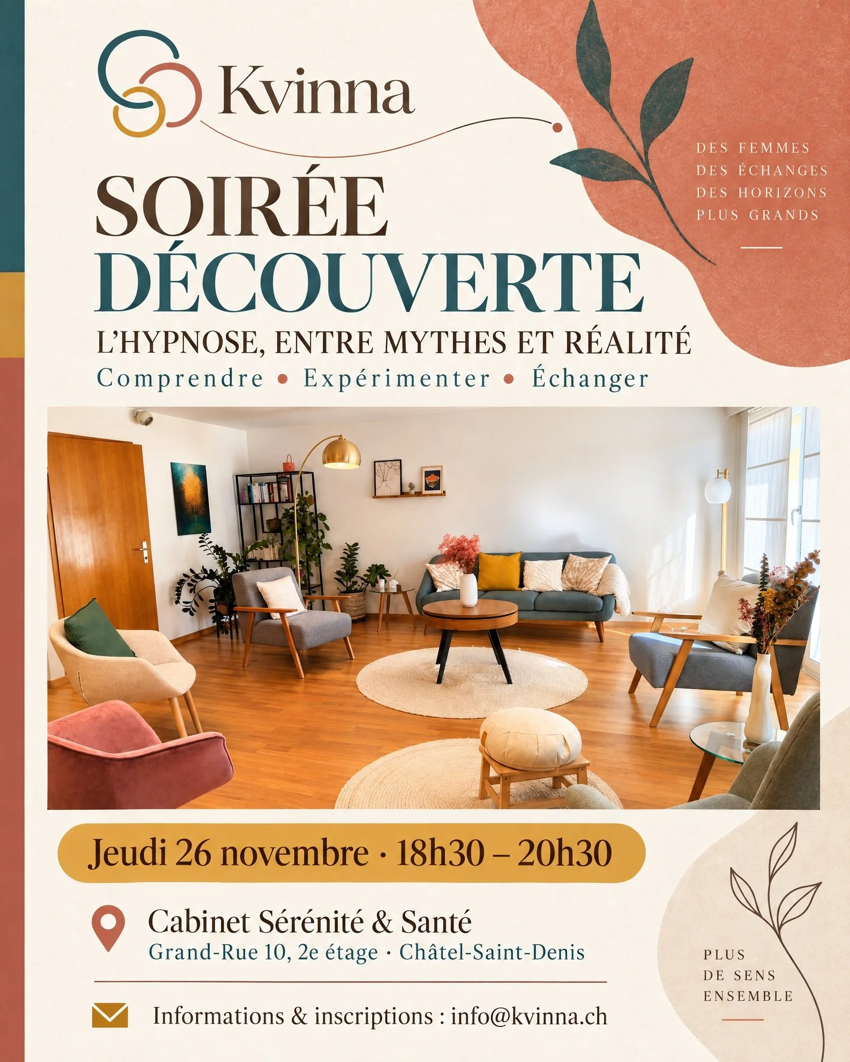 ✨ SOIR&Eacute;E D&Eacute;COUVERTE : L&rsquo;HYPNOSE, ENTRE MYTHES ET R&Eacute;ALIT&Eacute; ✨

L&rsquo;hypnose intrigue, questionne&hellip; et parfois m&ecirc;me fait un peu peur.
Est-ce que l&rsquo;on perd le contr&ocirc;le ? Est-ce que l&rsquo;on pe
