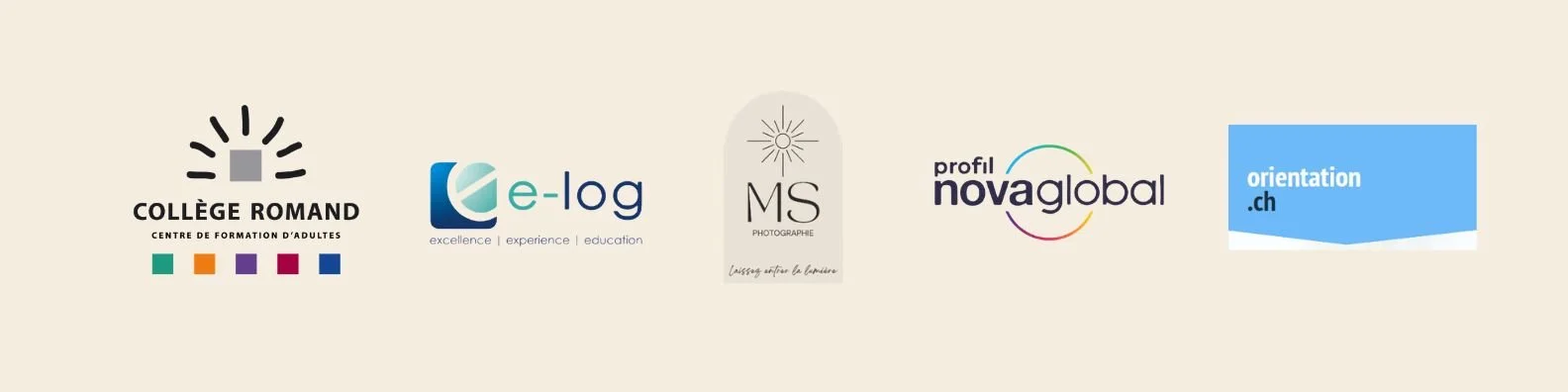 Logos de différents établissements et services éducatifs et professionnels, tels que Collège Romand, e-log, MS Photographie, profil novaglobal et orientation.ch, E-log, ASI, FSSF, ANP-CH, alignés horizontalement sur un fond beige.