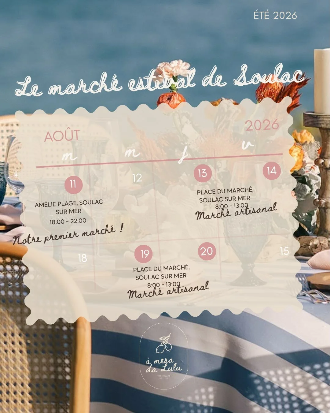🗓️Calendrier de l&rsquo;&eacute;t&eacute; 

Cet &eacute;t&eacute;, &Agrave; Mesa Da Lulu prend la route&hellip; direction Soulac-sur-Mer. ☀️

Nous sommes heureux de vous retrouver sur les march&eacute;s estivaux pour vous faire d&eacute;couvrir notr