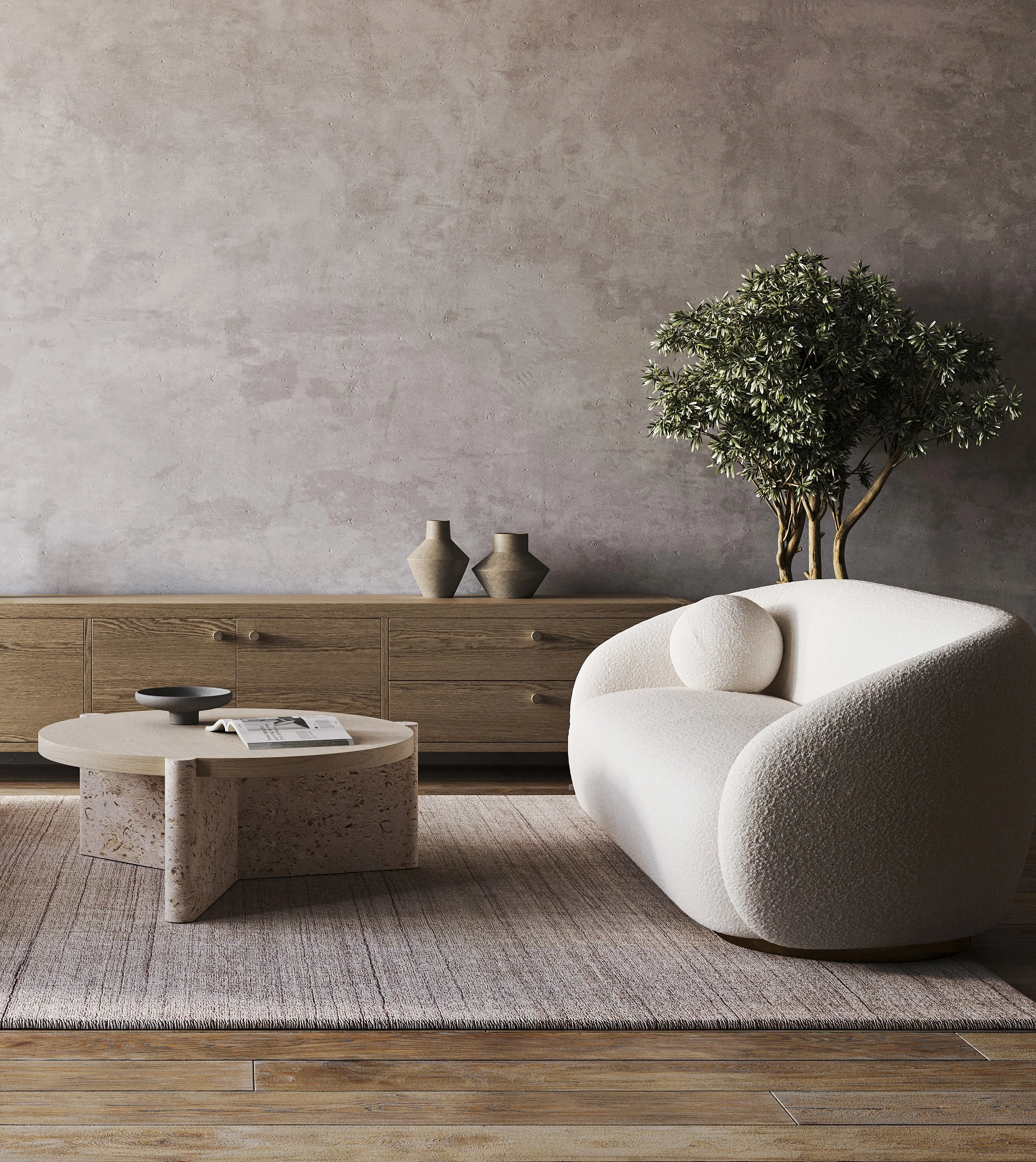 Modern living room interior with concrete wrap wall, vinyl wrapped coffee table with a book on it, a wood vinyl wrap sideboard with two vases, a large green plant, a grey micro cement wrap textured wall, and a beige woven rug.