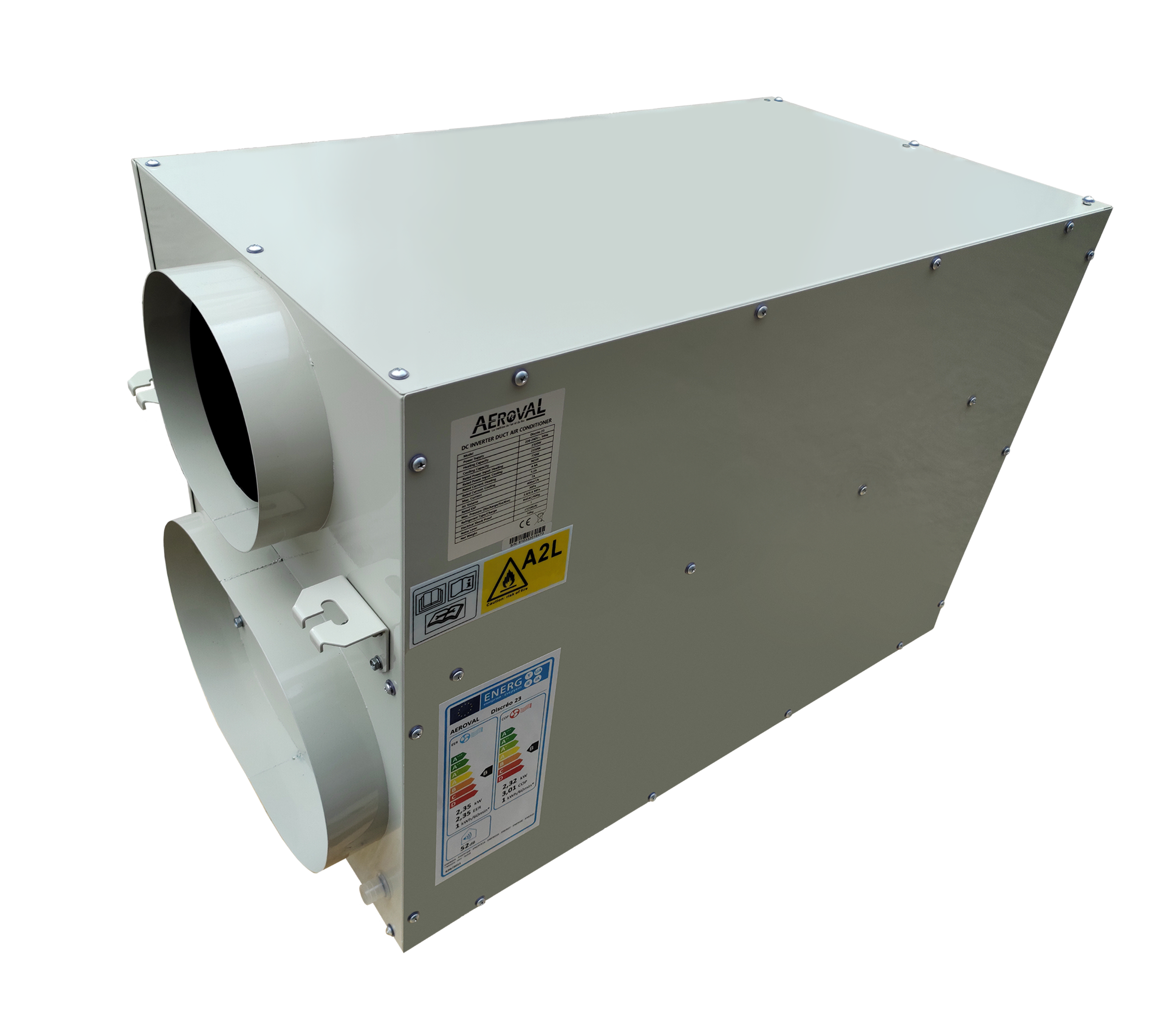 Discréo 23 est une pompe à chaleur air/air monobloc, il est compacte ce qui facilite sa manutention. Cette photo est le coté avec la nameplate, et les données techniques.