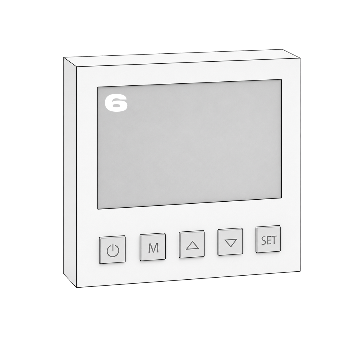 Thermostat numérique blanc avec écran et boutons, affichant le chiffre 6 en haut à gauche.