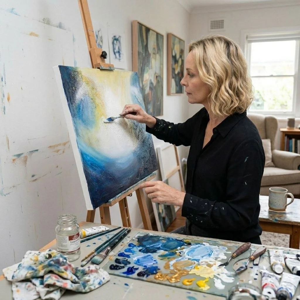 A woman with blonde, curly hair is painting an abstract landscape on a canvas in a living room. She is wearing a black shirt and has various painting supplies on the table in front of her, including brushes, paint tubes, and a palette. The room contains several framed artworks on the wall, a large window letting in natural light, a table with a cup, and a beige couch.