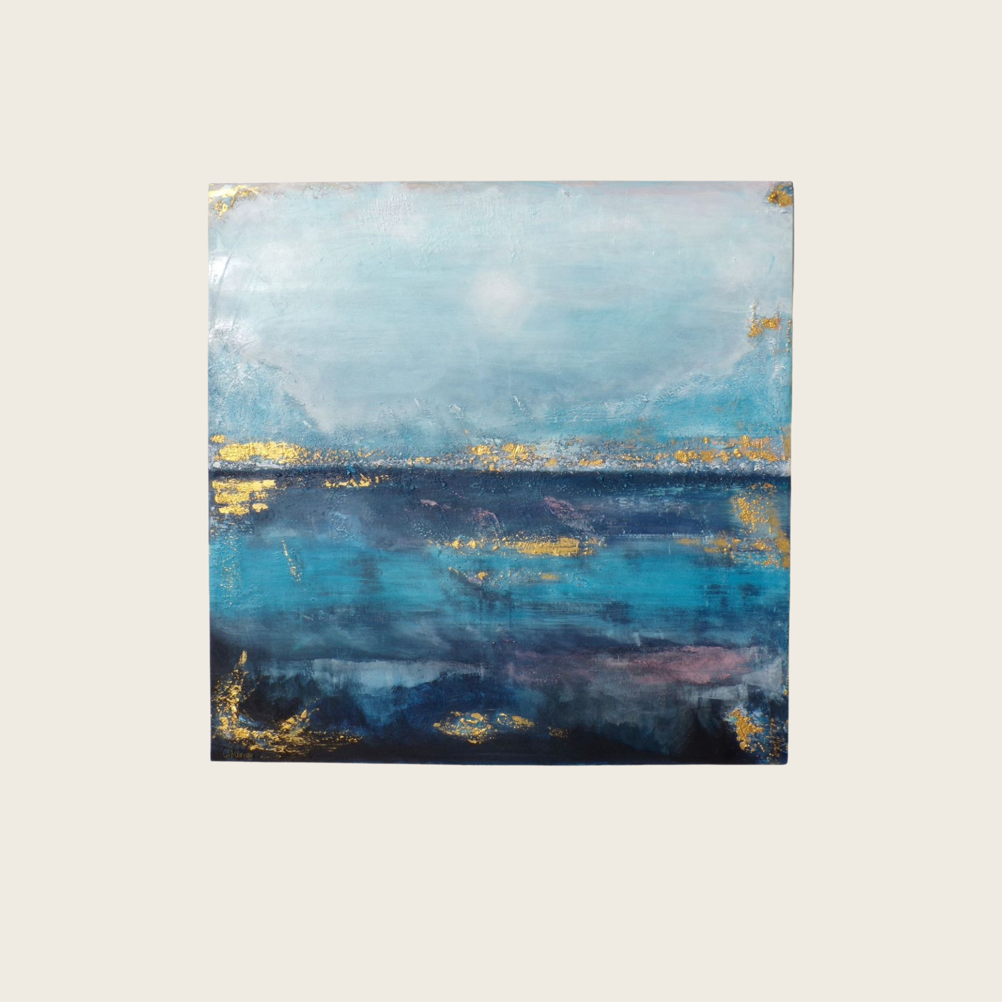 An abstract landscape painting with shades of blue, black, and gold accents.