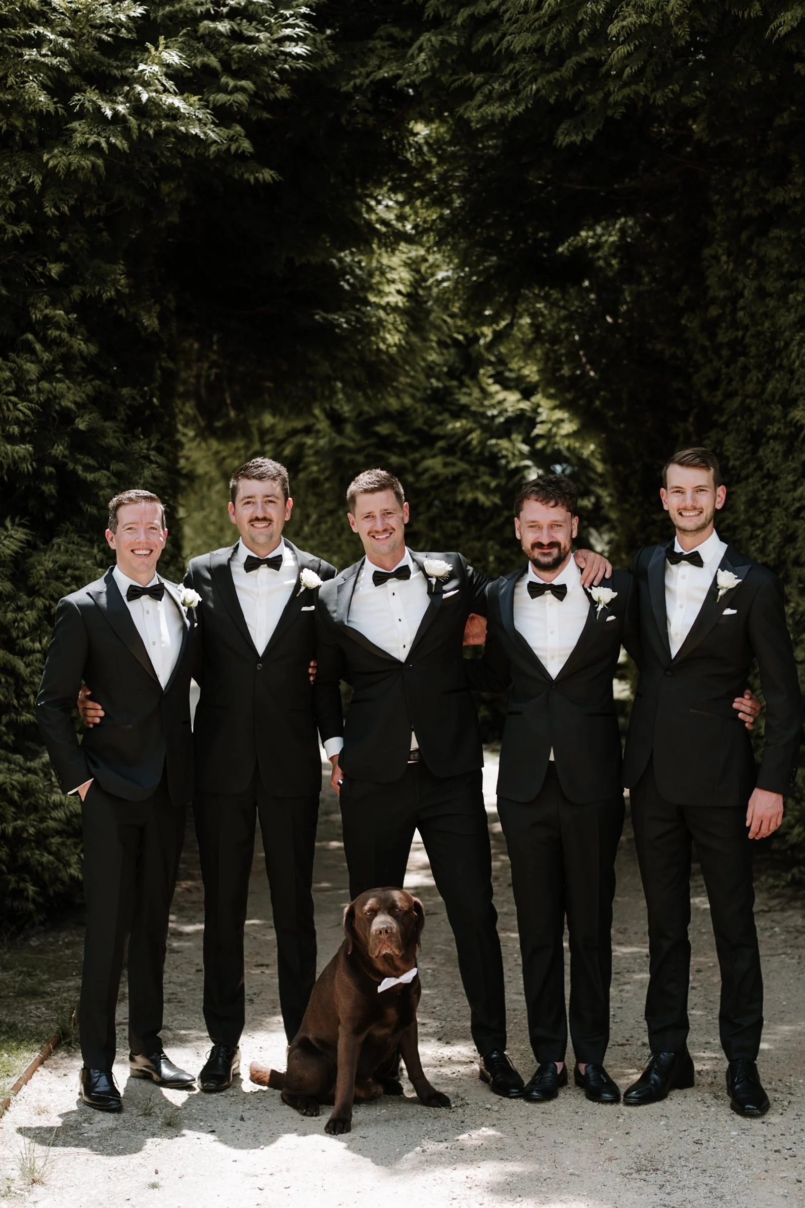 Five men in black tuxedos and bow ties standing outdoors among tall green trees, with a brown dog sitting in front of them.