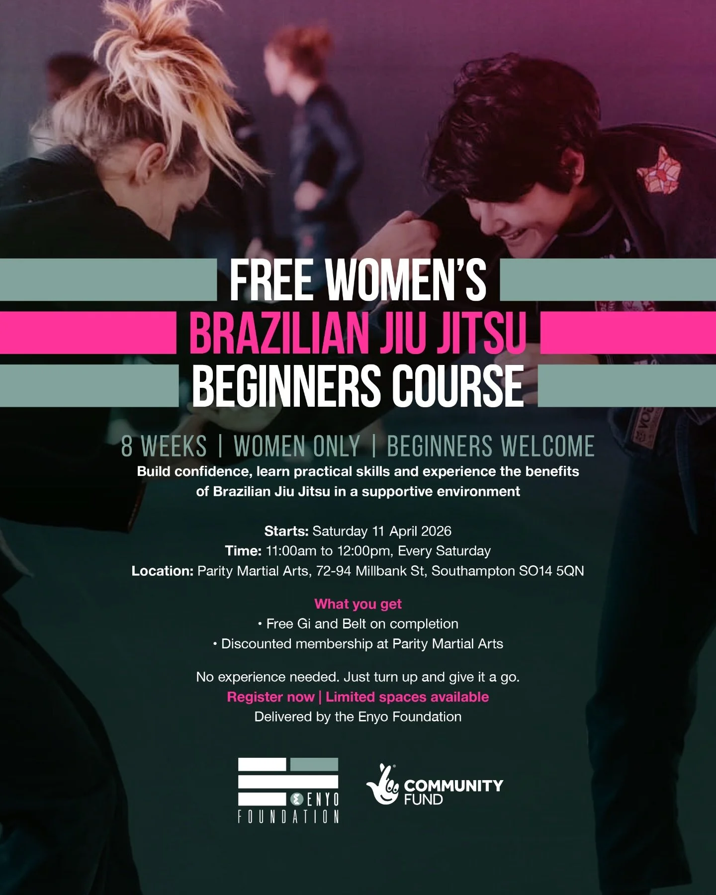 We are excited to announce the launch of our first FREE Women's Brazilian Jiu Jitsu Beginners Course

8 Weeks | Women Only | Beginners Welcome

Build confidence, learn practical skills, and experience the benefits of Brazilian Jiu Jitsu in a supporti