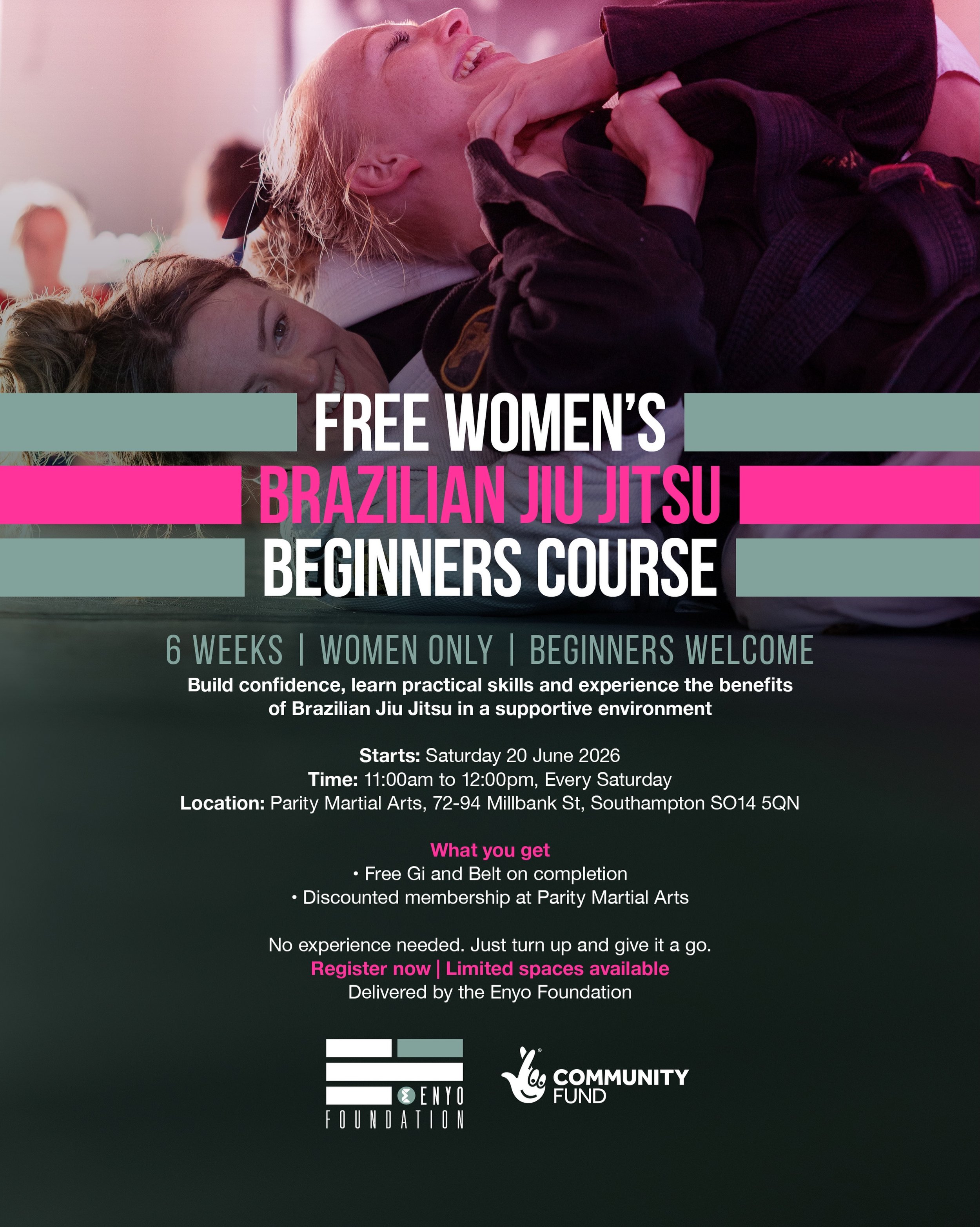 After the incredible response to our first course, we&rsquo;ve decided to run another!

We&rsquo;re excited to announce the launch of our next FREE Women&rsquo;s Brazilian Jiu Jitsu Beginners Course.

6 Weeks | Women Only | Beginners Welcome

Build c