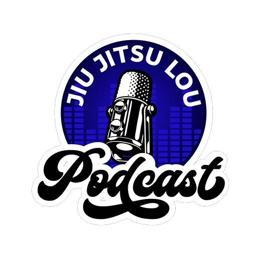 Logo for Jiu Jitsu Lou Podcast featuring a microphone with audio wave background and bold text.