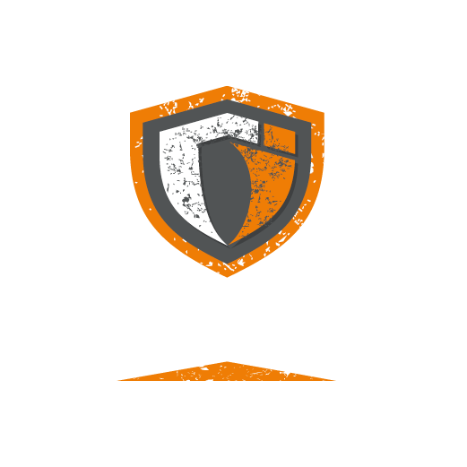 Logo of a shield with an orange and gray color scheme and distressed texture, accompanied by the text 'Grappling Industries' in white with a stylized font.