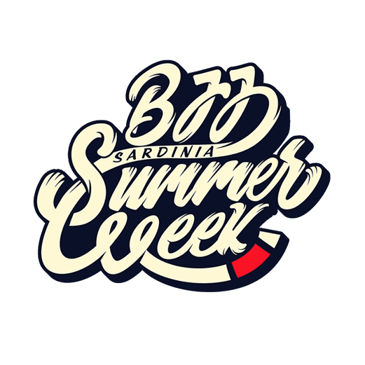 Logo for BJJ Summer Week with stylized text and a small red and black graphic element.