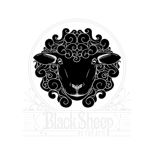 Illustration of a sheep's head with curly wool surrounded by decorative elements, with text reading 'Black Sheep Retreats' below.