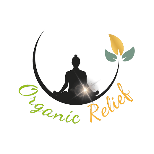 A logo with a person meditating inside a crescent moon, surrounded by green leaves, and the words 'Organic Relief' in green and orange text.