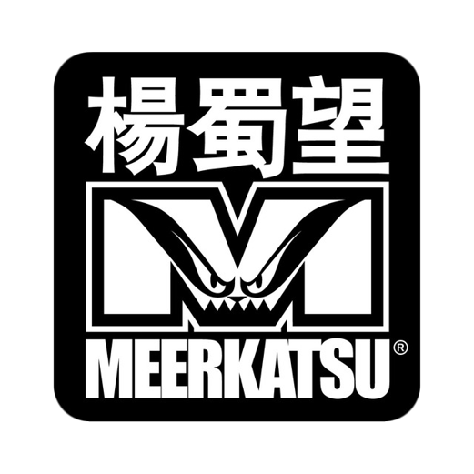 Black and white logo featuring a stylized creature with pointed horns and fierce eyes, above the word 'MEERKATSU' in bold letters with Japanese characters above.