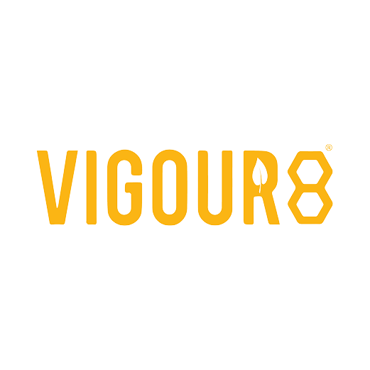 The logo of VIGOUR8 with the brand name in bold yellow letters and a stylized hexagon next to the letter 'R' on a black background.