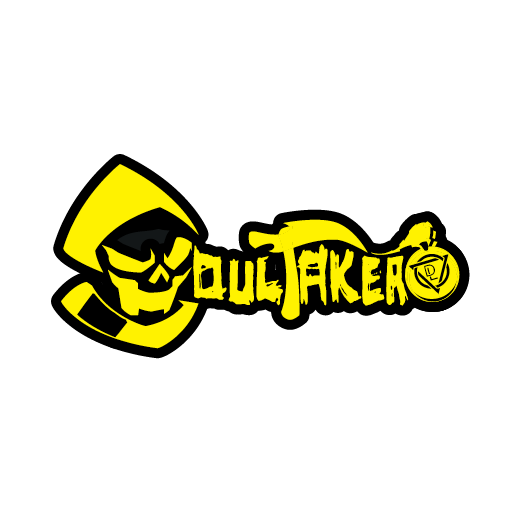 A stylized yellow skull with a hood, next to the text 'SoulTaker' in yellow with a grungy font, on a black background.