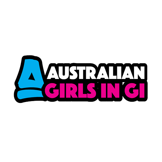 Logo for Australian Girls in GI, with a stylized blue gavel and bold black, white, and pink text.