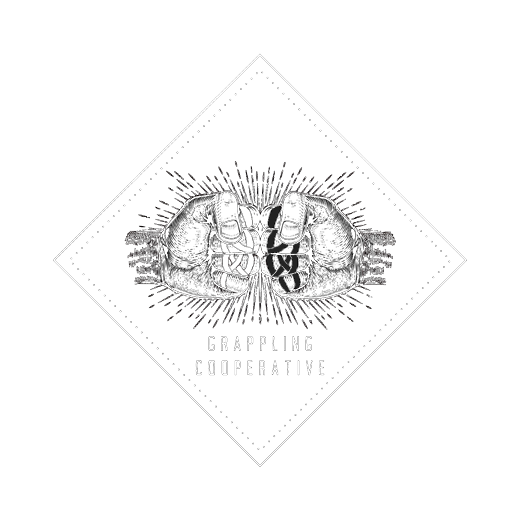 Black and white illustration of two fists gripping an object, with the words "Grappling Cooperative" below, all within a diamond-shaped border