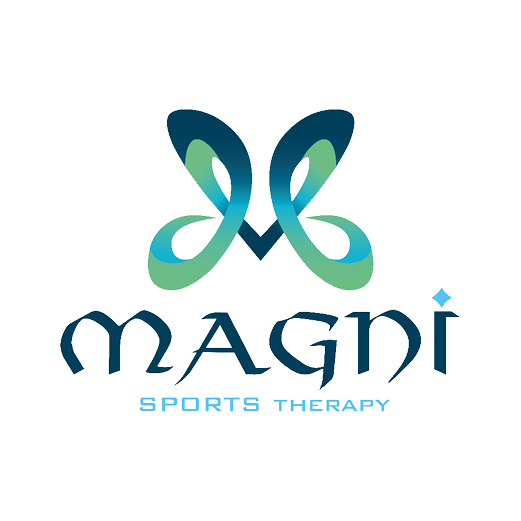 Logo featuring a stylized butterfly with blue and green hues above the text 'MAGNI' and 'SPORTS THERAPY' in light blue.