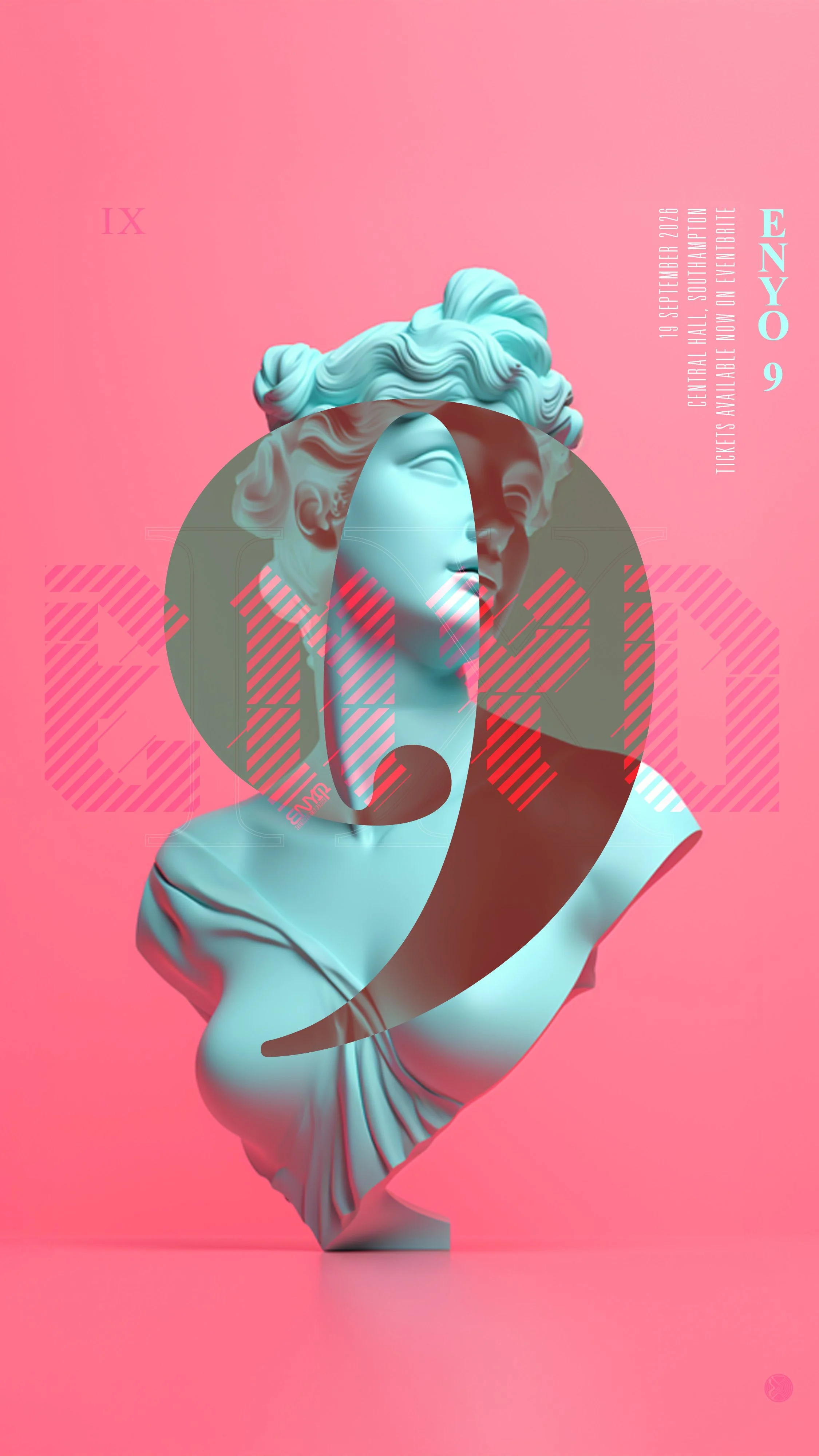 Pink background with a white classical statue bust of a woman, partially obscured by a large, stylized grey and pink letter nine with diagonal stripes and the word ENYE in light blue vertically on the right side. The event details are written in pink and white text on the right side of the image, indicating a concert on September 19, 2026, at Central Hall in Southhampton, with tickets available on Eventbrite.